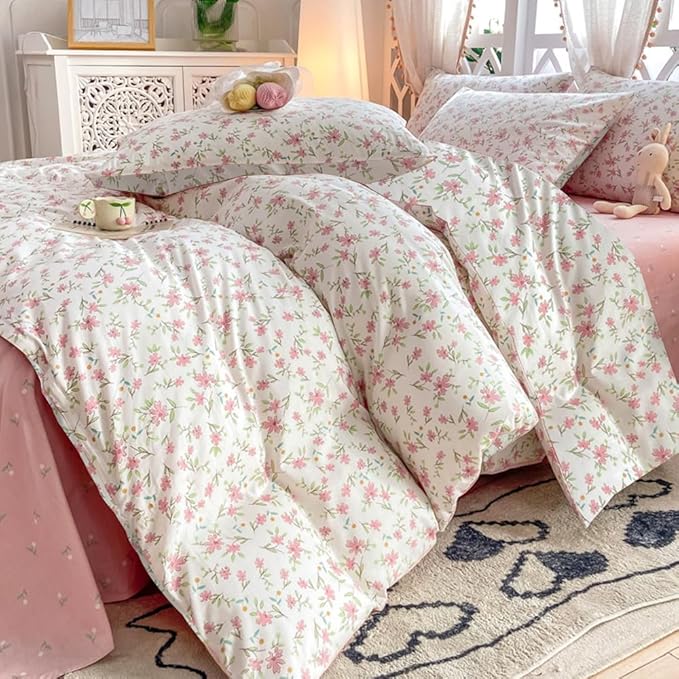 VM VOUGEMARKET Vintage Pink Floral Comforter Set Queen 3 Pieces Garden Flower Bedding Comforter for Teen Girls Reversible Cute Pink White Bedding Set