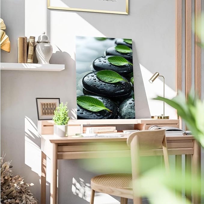 Glittering black stone cluster with fresh green leaves and water drops poster tranquil mist rain wall art zen wall art suitable for modern minimalist home decor 16x24in Frameless