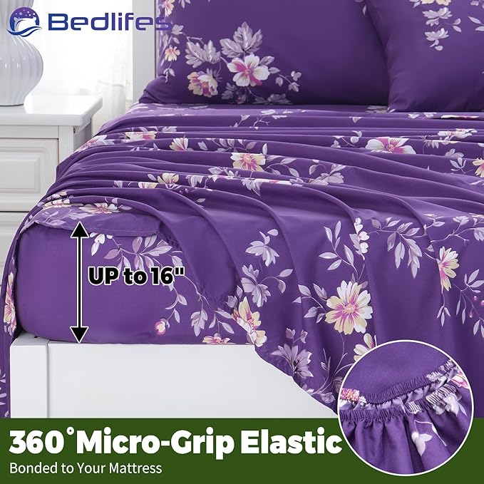Bedlifes Full Floral 4-Piece Sheet Set - Cooling Sheets Blend Rayon Derived from Bamboo,Soft & Breathable, Deep Pocket 16", Wrinkle Resistant - Vibrant Boho Floral Dark Purple