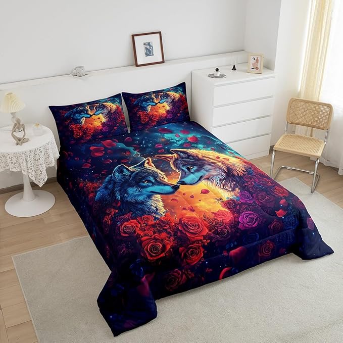 Wolf Comforter Set Queen Size,Wild Animal Print Couple Theme Reversible Bedding Set for Women Adult,Romantic Red Rose Flowers Watercolor Galaxy Luxury Bed Duvet Insert, 2 Pillowcases