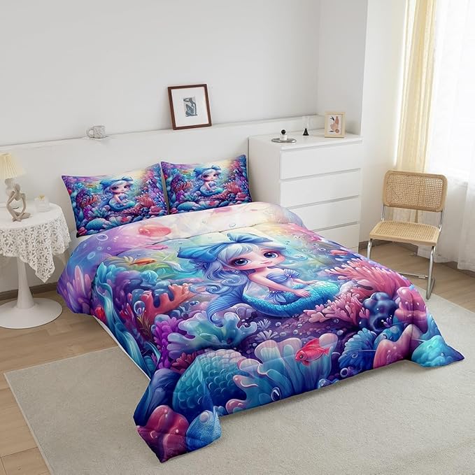 Cute Mermaid Comforter Set Twin Size,Beautiful Mermaid Fairy Tale Reversible Bedding Set for Kids Boys Men,Watercolor Coral Cartoon Undersea World Quilted Duvet Set with 1 Pillowcase