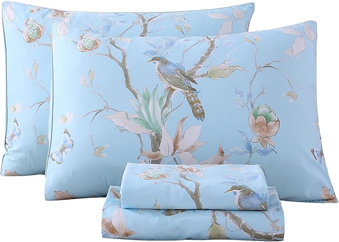 RYNGHIPY Egyptian Cotton Bed Sheet Set Blue Bird Botanical Pattern Bed Sheets Deep Pocket Fitted Sheet Tree Branches Print Bedding Soft Breathable (Light Blue,King Size)