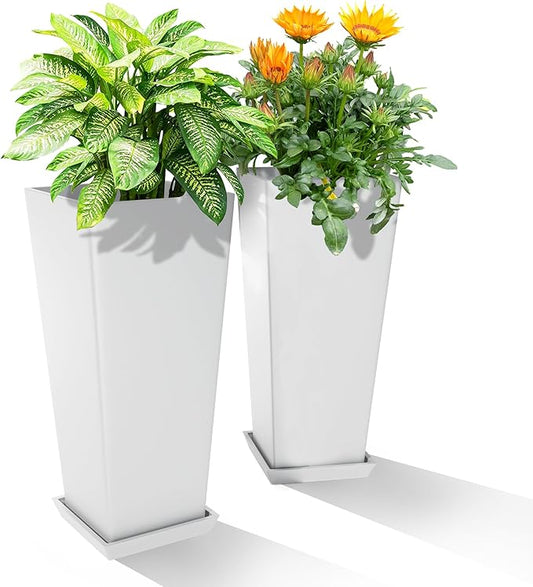 24" Tall Planters for Outdoor Plants, Set of 2 Large Outdoor Planters for Front Porch Decor with Drainage Hole, Tall Planter(White)