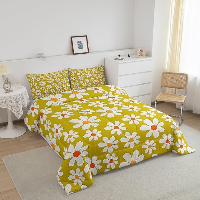 Hippie Flowers Bedding Comforters Queen Size,70s Retro Floral Comforter Set with 2 Pillowcases,Groovy Cartoon White Daisy 3pcs Children Adult Duvet Set,Soft