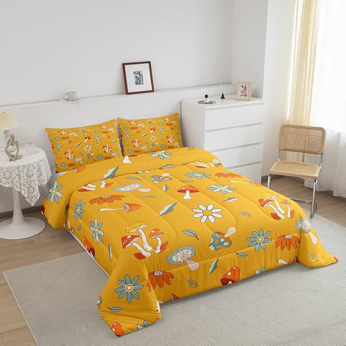Castle Fairy Retro Hippie Mushroom Queen Size Comforter Set,Groovy Flowers Floral Bedding Set with 2 Pillowcases,Yellow Boho Trippy Breathable Polyester Bedding Comforters