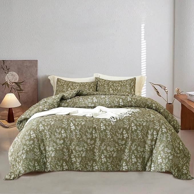 EAVD Vintage Style Garden Olive Green Floral Duvet Cover Twin XL Soft Cotton Chic Shabby Cute Floral Bedding Set with 2 Pillowcases Fresh Reversible Botanical Duvet Cover with Zipper Closure