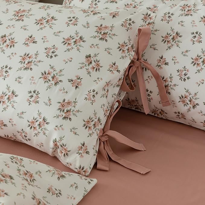 EAVD Garden Pink Floral Duvet Cover Queen Size 3 Pieces Soft Cotton Chic Cottagecore Bedding Set with 2 Bowknot Pillowcases Vintage Style Peach Flower Comforter Cover with Zipper Closure