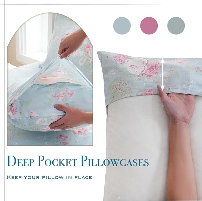 Zusbest Blue Floral Sheets Set Full Size 100% Cotton Pink Flowers Bed Sheet Shabby Vintage Chic Bedding Romantic Pastoral Style Original Design Soft Luxury Deep Pocket Fitted Sheet 17.5'', 4 Pcs