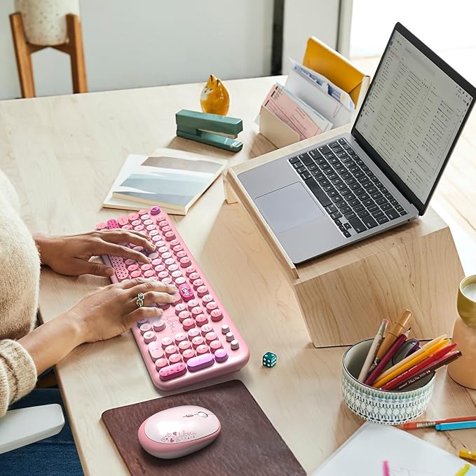 Wireless Keyboard and Mouse Combo, MOWUX Full Size Typewriter Retro Round Computer Keyboard, Cute Optical Mouse Wireless, Plug and Play, for Laptop, PC, Computer- Pink Heart