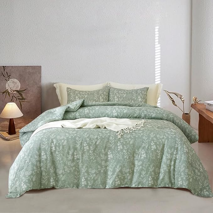 EAVD Girls Floral Duvet Cover Twin Sage Green Soft Cotton Chic Shabby Garden Floral Leaves Botanical Bedding Set with 2 Pillowcases Fresh Reversible Botanical Duvet Cover with Zipper Closure
