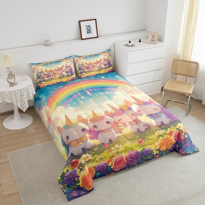 Unicorn Comforter Set Twin Size,Reversible Cute Unicorn Rainbow Cartoon Horse Animal Bedding Set for Kids Boys Men,Kawaii Style Flowers Galaxy Cloud Quilted Duvet Set with 1 Pillowcase