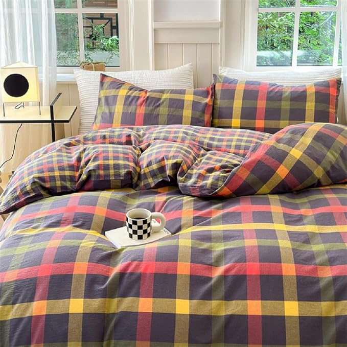 LifeTB Plaid Checkered Comforter Set King 3 Pieces Grid Gingham Bedding Comforter with 2 Pillowcases Farmhouse Lightweight Bedding Fluffy Multicolor Grid Bed Comforter Set King Size for All Season