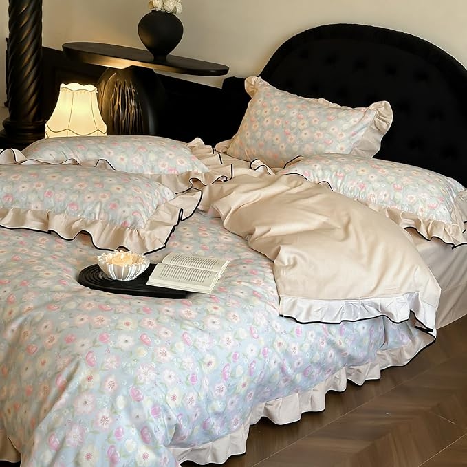 HighBuy Pink Floral Lace Duvet Cover Twin Size,Brushed Cotton Soft Coquette Ruffle Flower Bedding Duvet Cover Set,Blue White Ruffled Shabby Chic Farmhouse Duvet Cover and Pillow Shams,- Twin