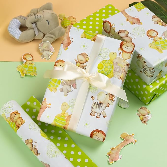Homeral Baby Shower Wrapping Paper Roll - Cute Animal Design - 17 Inch x 16.4 Feet, Reversible Green Gift Wrap with Lion, Elephant, Turtle, Giraffe, Zebra, Perfect for Baby Boy & Girl Birthday