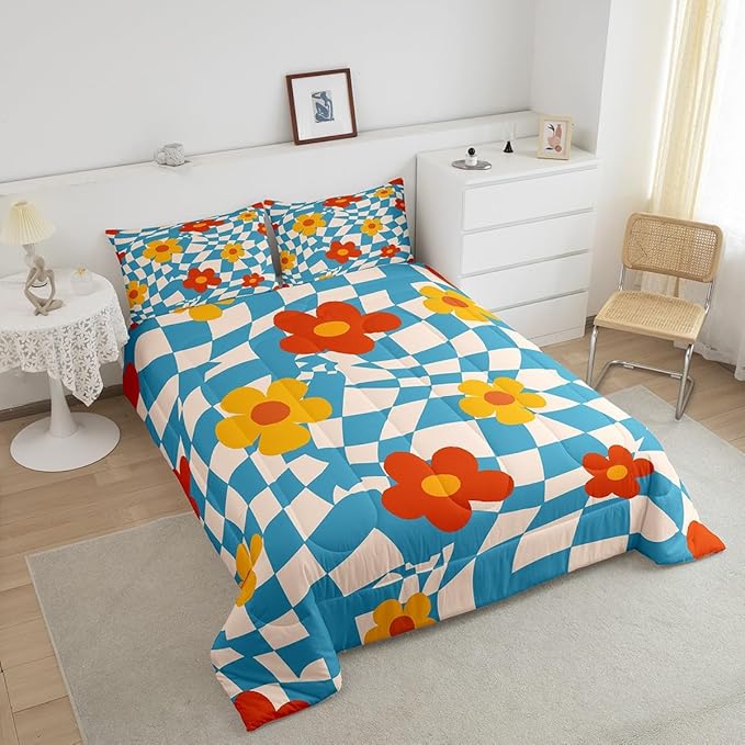 Castle Fairy Kids Vintage Groovy Daisy Flowers Bedding Set for Boys Girls,Abstract Blue Plaid All Season Cozy Comforter Set Home Decor,70s Hippie Floral Duvet Set for Chic Birthday Gift, Full Size