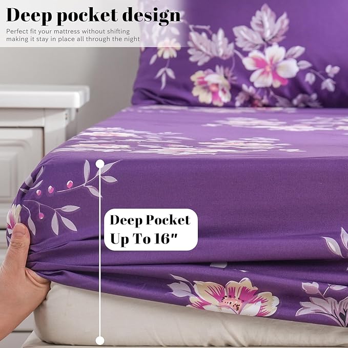 Bedlifes Twin Sheet Set Ultra Soft, Breathable, Silky Flower Deep Pocket 100% Microfiber Bedding, 3 Piece Twin Size Dark Purple Floral