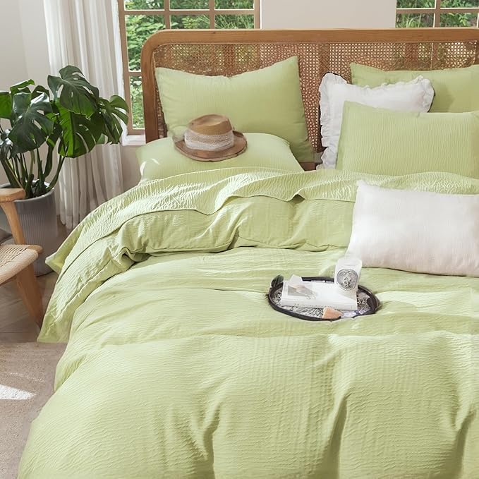 Queen Size Duvet Cover Desert Sage, Luxury Soft Microfiber Double-Layer Crinkle Gauze Sage Duvet Cover, 3 Pieces Bedding for All-Season, Breathable with Zipper Closure