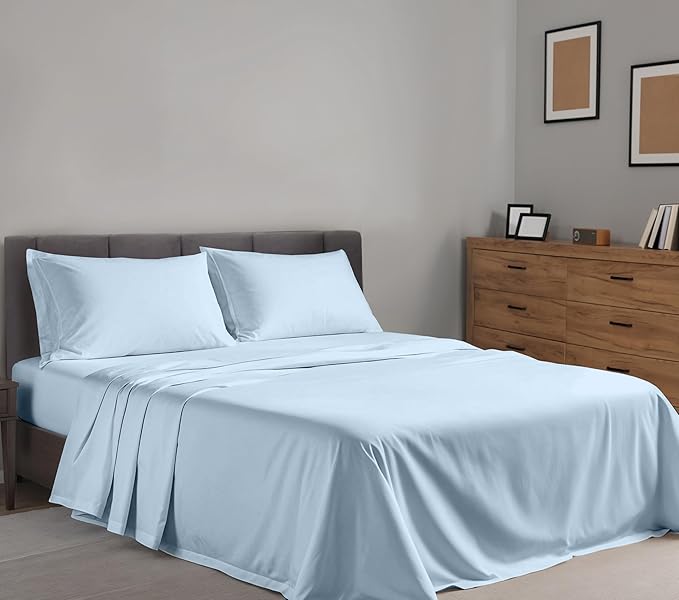 RUVANTI 100% Cotton Twin Sheets Set, 3 Pieces, Soft & Breathable Percale Weave Bedding, Deep Pocket 16", Hotel Standard, Crisp Cool Feel, Durable, Perfect Dyed Bed Sheet, Baby Blue