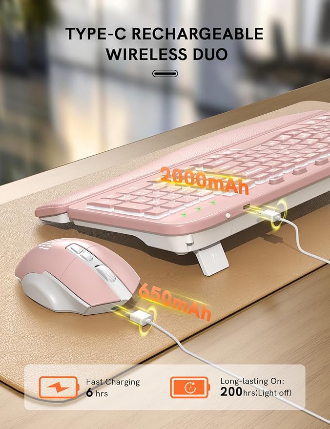 SABLUTE Ergonomic Wireless Keyboard and Mouse Combo - Wave Keyboard with Soft Leather Wrist Rest, Resistant Keys, RGB Backlit Rechargeable Set for PC/Mac/Chromebook (Black) (Pink)