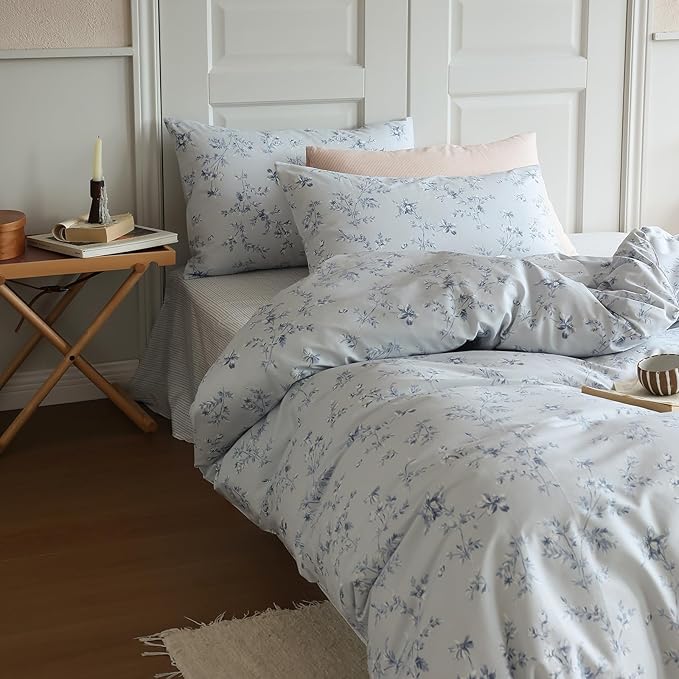 Twin Size Duvet Cover Vintage Blue Floral Duvet Cover Boho Coquette Bedding Set Lightweight Cotton Flower Comforter Cover Aesthetic Boho Farmhouse Bedding Flower Duvet Cover Twin