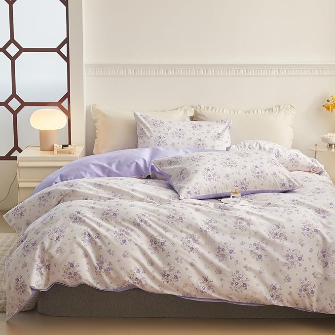 VM VOUGEMARKET Purple Floral Comforter Set Twin Size,Vintage Lavender Flower Comforter with 2 Pillowcases Down Alternative Comforter Set (3Pcs,Twin XL)