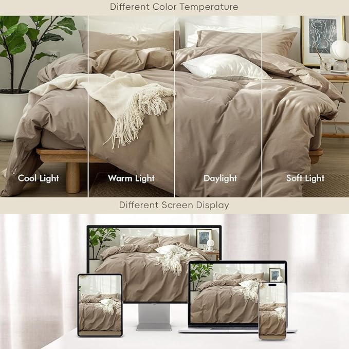 MooMee Bedding Duvet Cover Set 100% Washed Cotton Linen Like Textured Breathable Durable Soft Comfy (Solid Mocha Brown, Queen 90"x90")