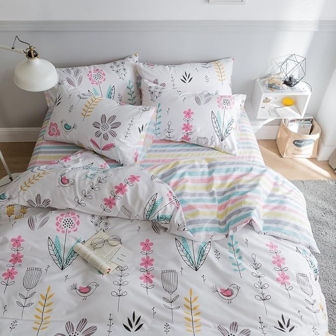 Boho Floral Duvet Cover Full Girls Floral Print Bedding Sets Garden Style Aesthetic Duvet Cover Cotton Floral Comforter Cover Kids Girls Kawaii Bedding Collections Birds Flower Comforter Cover Full