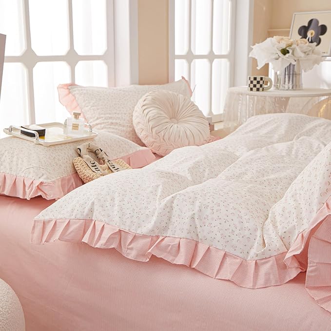 Pink Flower Duvet Cover Twin XL 3 Pieces Ruffle Floral Duvet Cover Girls Cottagecore Bedding Set Soft 100% Cotton Floral Lace Comforter Cover Vintage Botanical Flower Bedding Cover with Zipper Closure