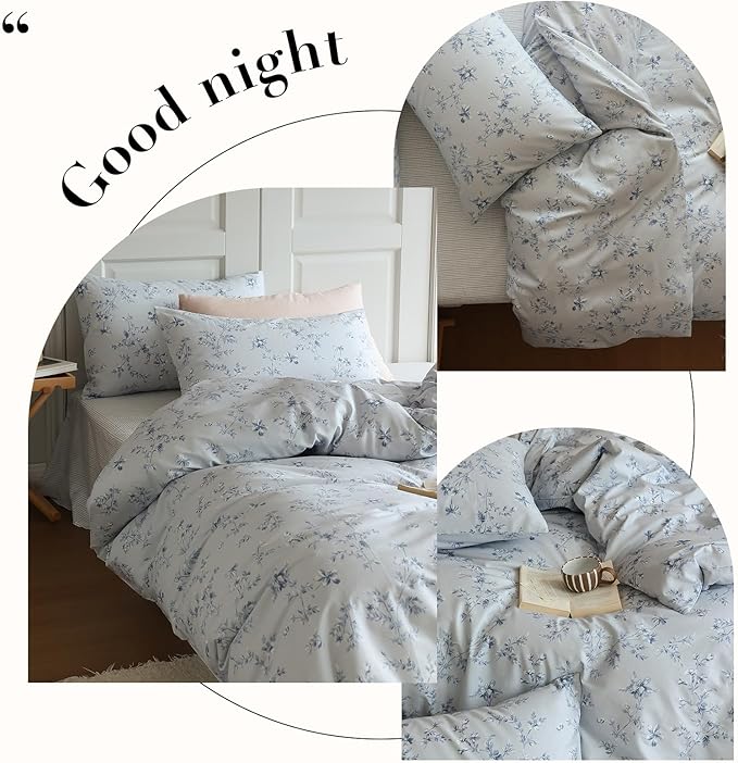 Twin Size Duvet Cover Vintage Blue Floral Duvet Cover Boho Coquette Bedding Set Lightweight Cotton Flower Comforter Cover Aesthetic Boho Farmhouse Bedding Flower Duvet Cover Twin