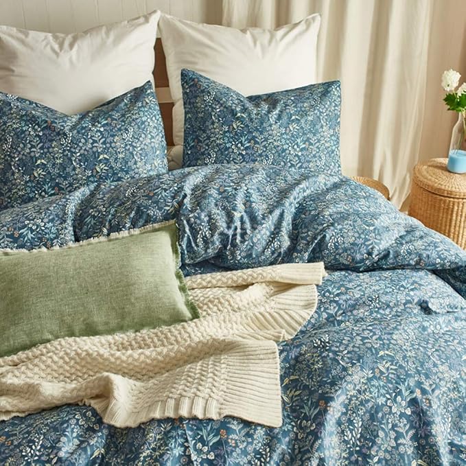 mixinni Blue Floral Duvet Cover King Size Cotton Flowers Pattern King Bedding Set Garden Style Comforter Cover Set with Zipper Closure-Luxury Quality Soft Durable Easy Care (3pcs, King Size)