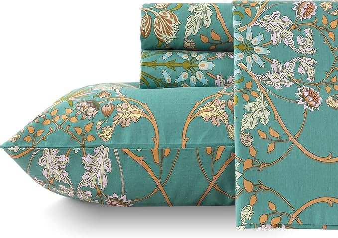 Zusbest Full Size Bed Sheet Set Shabby Vintage Floral Sheets Percale Cotton Chic Teal Blue Orange American Country Style Bedding Luxury Boho Soft Breathable Crisp Bed Deep Pocket Fitted Sheet 4 Piece