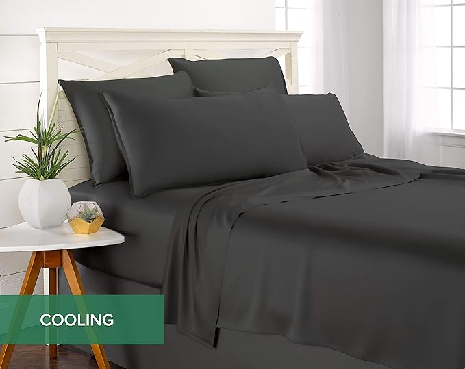 Pure Bamboo Split King Sheets, Genuine 100% Organic Viscose Derived from Bamboo Bed Sheet Set, Soft & Cooling, Double Stitching, 2 Fitted Sheets (Split King, Charcoal)