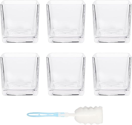 Set of 6 Square Glass Vases 4 x 4 Inch, Clear Cube Flower Vases with Sponge Brush, Candle Holders, Decorative Centerpieces for Home, Events or Weddings