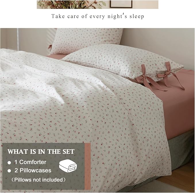 VM VOUGEMARKET White Pink Comforter Set Full with Flower Stripes Prints,1 Fluffy Comforter with 2 Pillowcases Soft Comfy Bedding Comforter Set for All Seasons-80 x90