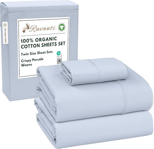 RUVANTI 100% Organic Cotton Sheets Twin Size, Percale Weave, GOTS Certified, 3-Piece Set, Deep Pocket 15", Crisp & Breathable, Soft Durable Bedding, Sábanas Algodón Orgánico – Arctic Ice