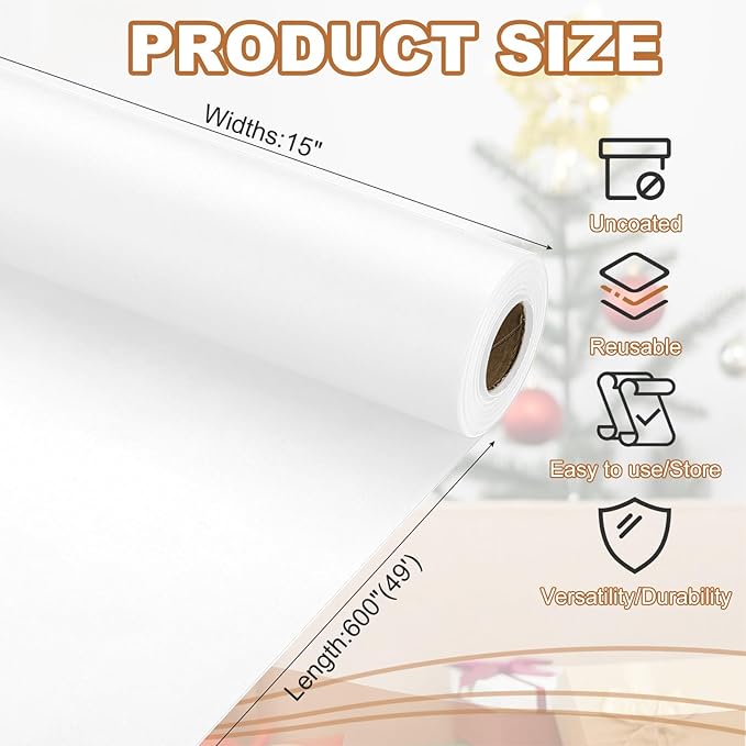 PATIKIL Wrapping Paper, 15" x 600"(49') 70 GSM Craft Paper Roll Kraft Packing Paper for Poster Bulletin Board, Gift Wrapping, White