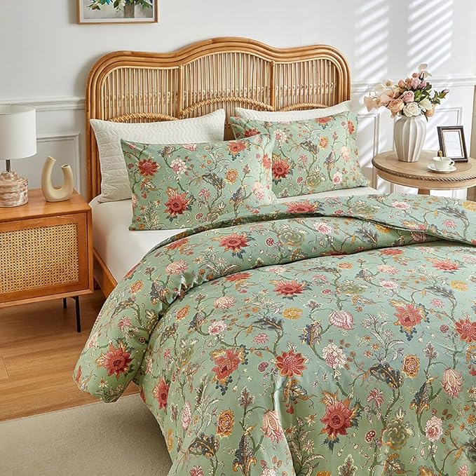 LifeTB Vintage Garden Floral Comforter Set Twin XL Chic Vibrant Green Floral Bedding Comforter Fluffy Soft Bohemian Flower Botanical Comforter with 2 Pillowcases Boho Farmhouse Bed Comforter Set
