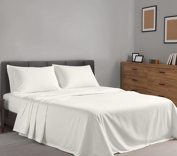 RUVANTI 100% Cotton Sheets Queen Size Set, 4 Pieces, Soft & Breathable Percale Weave Bedding, Deep Pocket 16", Hotel Standard, Crisp Cool Feeling, Durable, Perfect Dyed Bed Sheet, Ivory