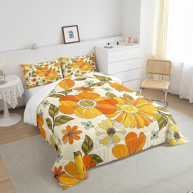 Castle Fairy Kids Retro Flowers Bedding Comforters Queen Size,Watercolor Yellow Floral Green Leaves Plant Comforter Set with 2 Pillowcases,70s Trippy Daisy 3pcs Children Adult Duvet Set,Soft