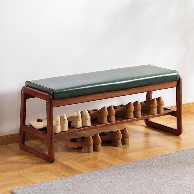latifolia Solid Wood Bench, Entryway Shoe Bench with Cushion, 2 Tier Shoe Storage Organizer for Hallway, Living Room(Green,39.70''L)