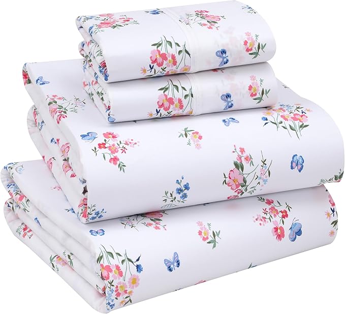 RUVANTI 100% Cotton Sheets Queen Size Set, 4 Pieces, Soft & Breathable Percale Weave Bedding, Deep Pocket 16", Hotel Standard, Crisp Cool Feeling, Durable, Perfect Floral Bed Sheet, Funa Flora