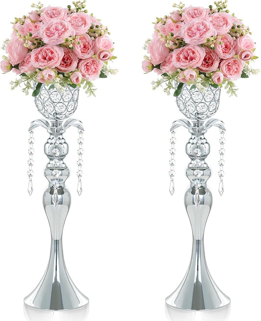2Pcs Silver Crystal Metal Vase Set - Tulip & Trumpet Wedding Centerpieces, Artificial Flower Arrangement Vases for Home Decor, Restaurant Table Displays