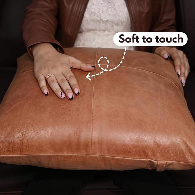 D DOLLY LAMB Lambskin Leather Pillow Cover - Sofa Cushion Case - Decorative Throw Covers for Living Room & Bedroom, 14x14 Inches - Antique Brown Plain