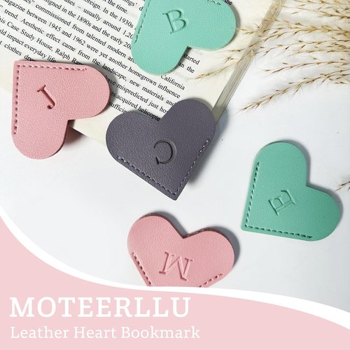 MOTEERLLU Personalized Leather Heart Bookmark - Custom Initials, Handmade Gift for Book Lovers (Pink, A)