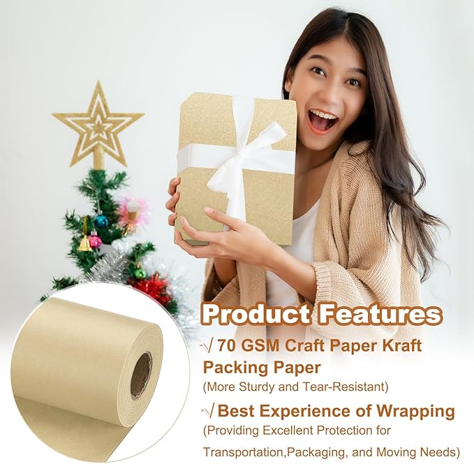 PATIKIL Wrapping Paper, 15" x 800"(66') 70 GSM Craft Paper Roll Kraft Packing Paper for Poster Bulletin Board, Gift Wrapping, Brown