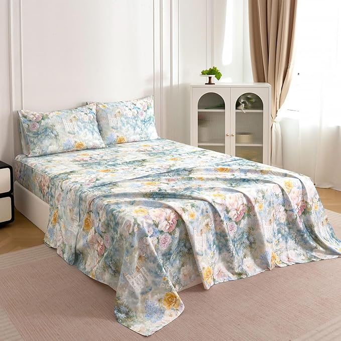 Zusbest Full Size Sheets Luxury Floral Bed Sheet Set 100% Cotton, Satin Weave Soft Breathable for Hot Sleepers Romantic Peony Flowery Printed Cottagecore Bedding Deep Pocket 17.5‘’ Bed Set 4Pcs