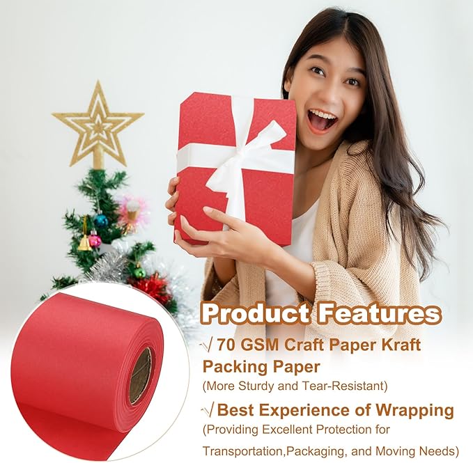 PATIKIL Wrapping Paper, 17" x 600"(49') 70 GSM Craft Paper Roll Kraft Packing Paper for Poster Bulletin Board, Gift Wrapping, Bright Red