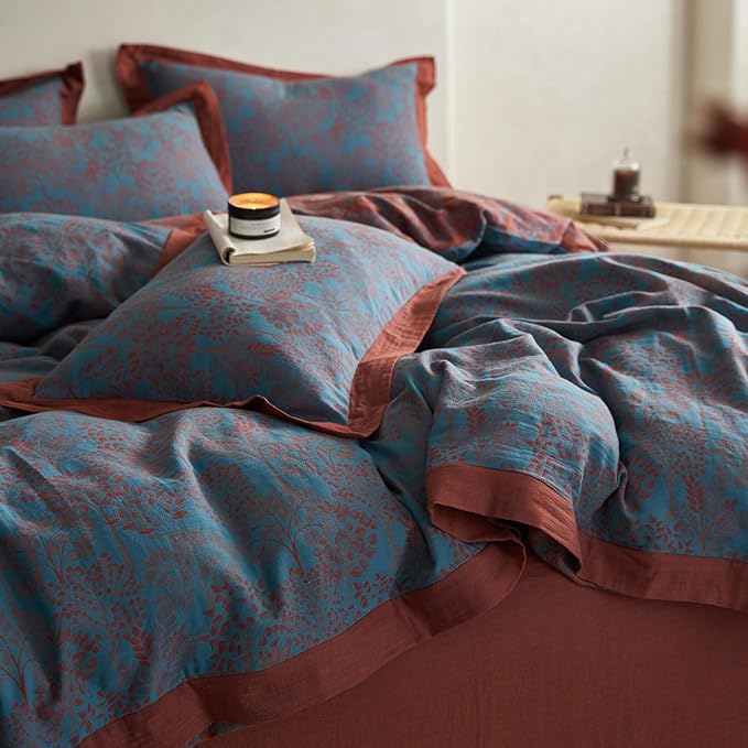 mixinni Muslin Cotton Vintage Blue Floral Duvet Cover Queen Size 3pcs Yarn Dyed Burgundy Jacquard Weave Bedding Comforter Cover Soft Breathable Bedding Sets for All Season-King Size