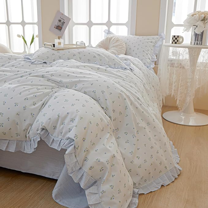 VM VOUGEMARKET Blue Floral Printed Comforter Set with Ruffle,Lightweight Reversible Romantic Girls Flower Bedding Comforter for Spring -Full Size,80"x90"