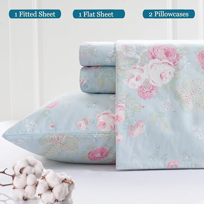 Zusbest Blue Floral Sheets Set California King 100% Cotton Pink Flowers Bed Sheet Shabby Vintage Chic Bedding Romantic Pastoral Original Design Soft Luxury Deep Pocket Fitted Sheet 17.5'', 4 Pcs